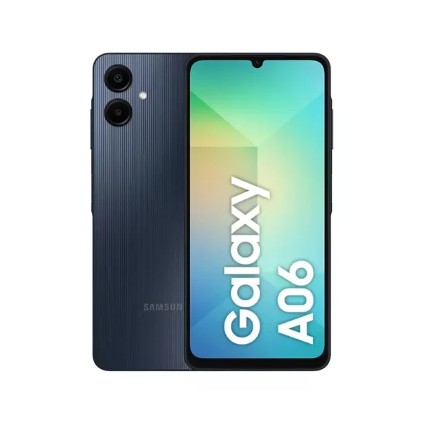 Celular Samsung Galaxy A06 128GB vista frontal y trasera, distribuido por Teytel, agente comercial autorizado de Claro en Colombia