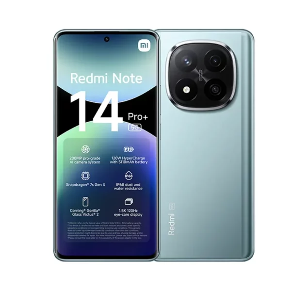 Celular Xiaomi Redmi Note 14 Pro 256GB vista frontal y trasera, distribuido por Teytel, agente comercial autorizado de Claro en Colombia