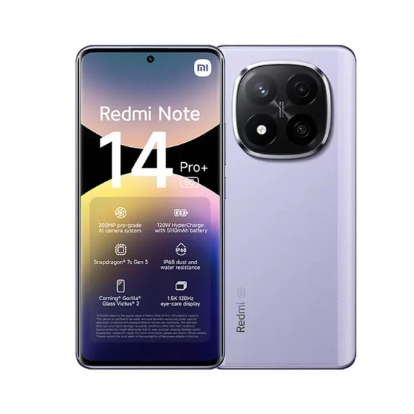 Celular Xiaomi Redmi Note 14 Pro Plus 256GB vista frontal y trasera, distribuido por Teytel, agente comercial autorizado de Claro en Colombia